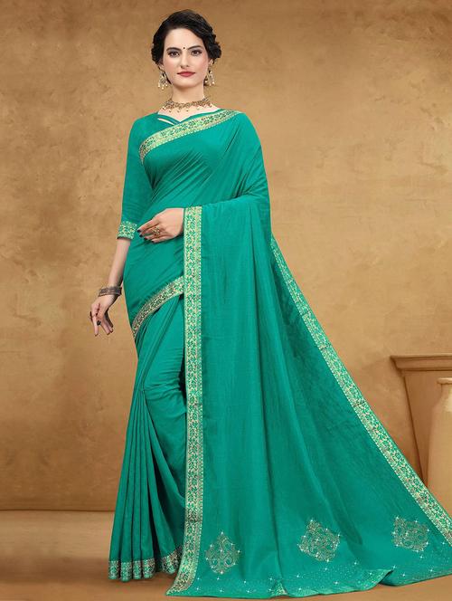 women turquoise embellished bordered saree with blouse - 21723323 - Very Small Image - 1