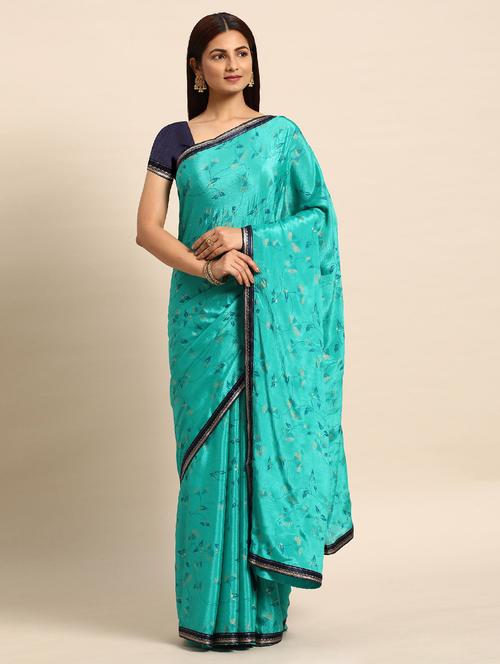 women turquoise printed lace work saree with blouse - 21723403 - Very Small Image - 1