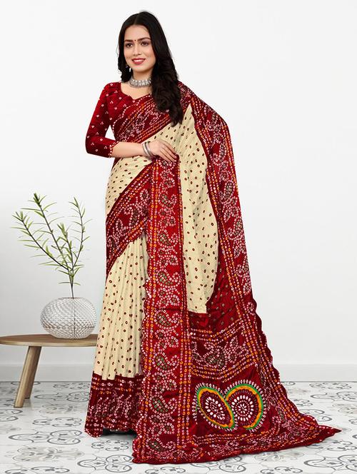 women cream bandhani printed saree with blouse - 21723411 - Very Small Image - 1