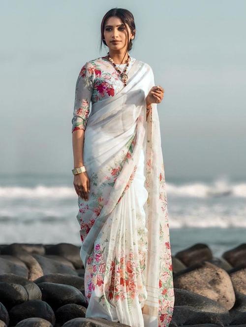 women white floral printed saree with blouse - 21723470 - Very Small Image - 1