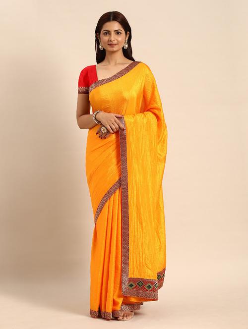 women yellow solid lace work saree with blouse - 21723479 - Very Small Image - 1
