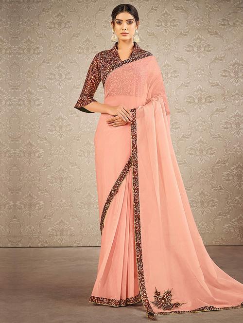 women peach solid lace work saree with blouse - 21723496 - Very Small Image - 1