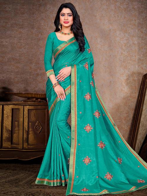 women turquoise embroidered saree with blouse - 21723504 - Very Small Image - 1