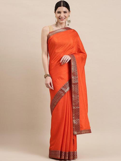 women orange solid zari bordered saree with blouse - 21723525 - Very Small Image - 1