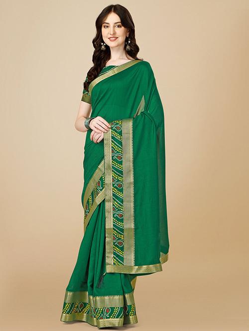 women green solid bordered saree with blouse - 21723526 - Very Small Image - 1
