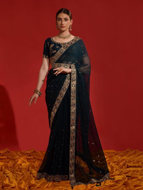 women teal sequin work georgette saree with blouse - 21723580 - Very Small Image - 1