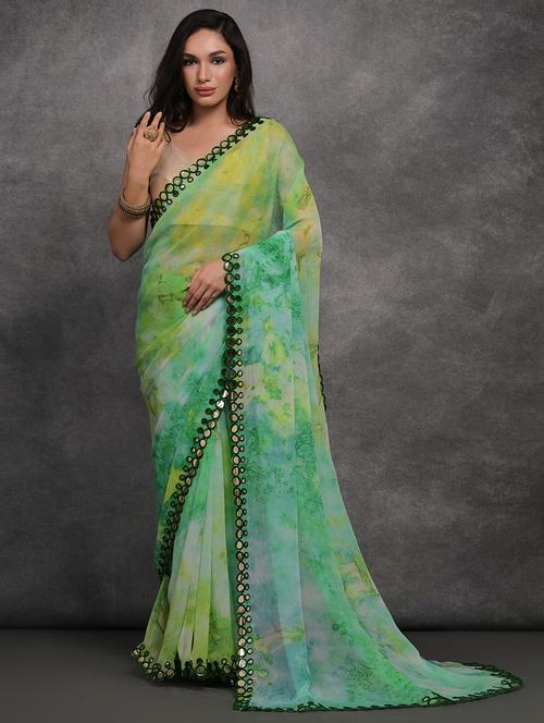 women green printed mirror work saree with blouse - 21723589 - Very Small Image - 1