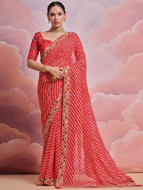 women red leheriya printed lace work saree with blouse - 21723591 - Very Small Image - 1