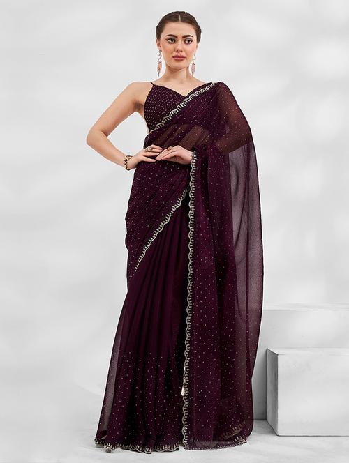 women burgundy embellished saree with blouse - 21723594 - Very Small Image - 1