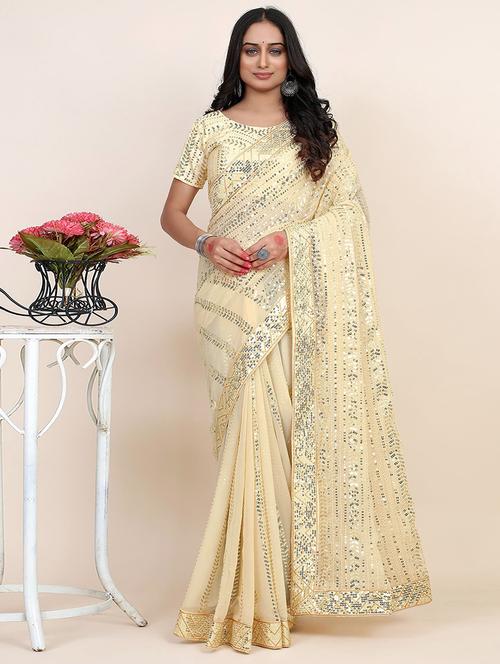 women cream sequin work saree with blouse - 21723604 - Very Small Image - 1