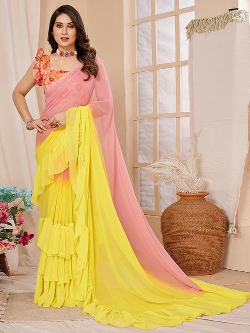women yellow ombre ruffle saree with blouse - 21723636 - Very Small Image - 1