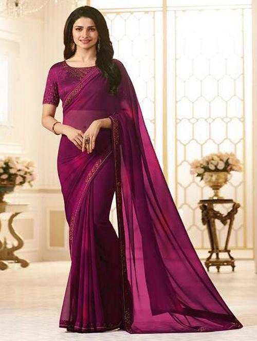 women purple solid lace work saree with blouse - 21723655 - Very Small Image - 1
