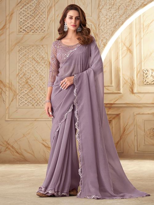 women lavender solid lace work saree with blouse - 21723656 - Very Small Image - 1