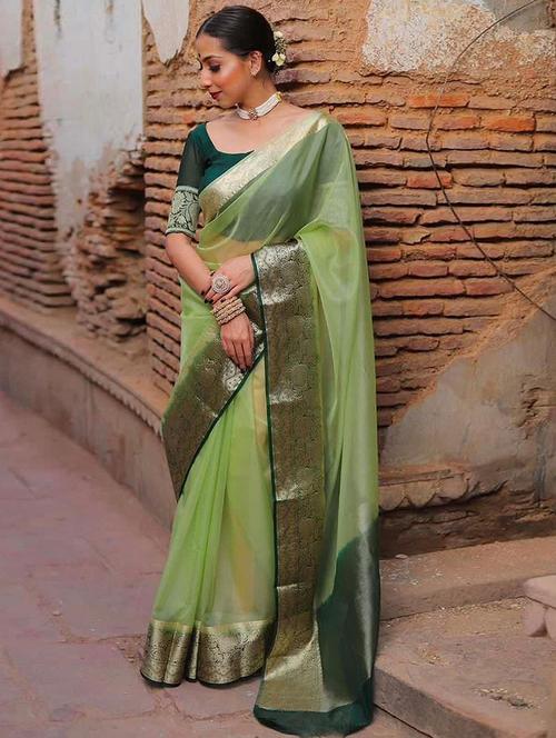 women green solid zari bordered saree with blouse - 21723694 - Very Small Image - 1