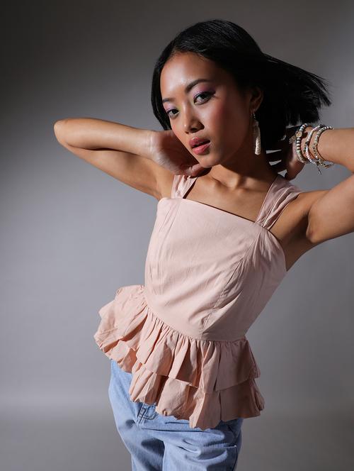 women beige solid square neck ruffle top - 21724047 - Very Small Image - 1