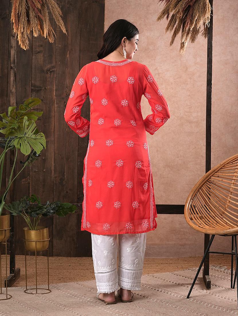 women chikankari three quarter sleeve straight kurta - 21725510 - Standard Image - 2