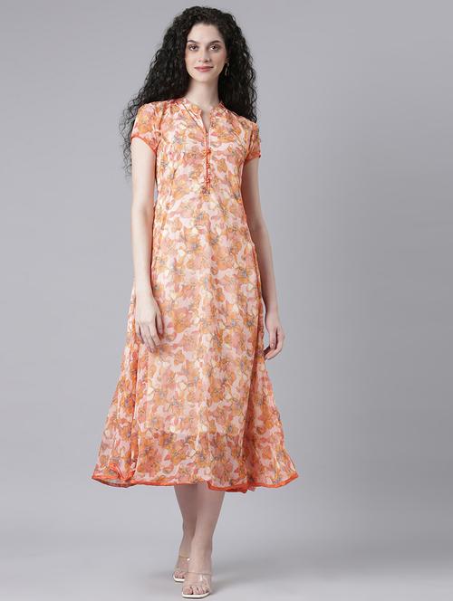women floral print mandarin neck fit & flared dress - 21727984 - Very Small Image - 1