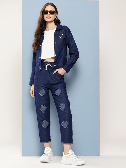 women crop top and emebllished jacket with jeans  - 21728103 - Very Small Image - 1