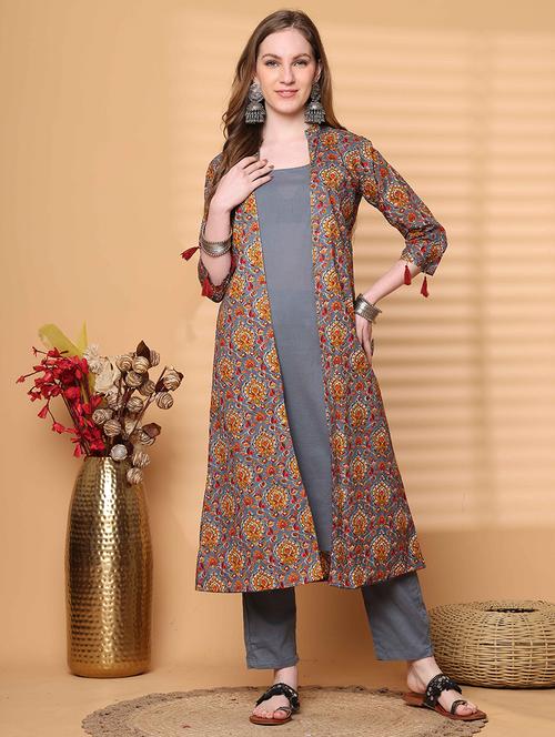women grey floral printed kurta pant set - 21728158 - Very Small Image - 1