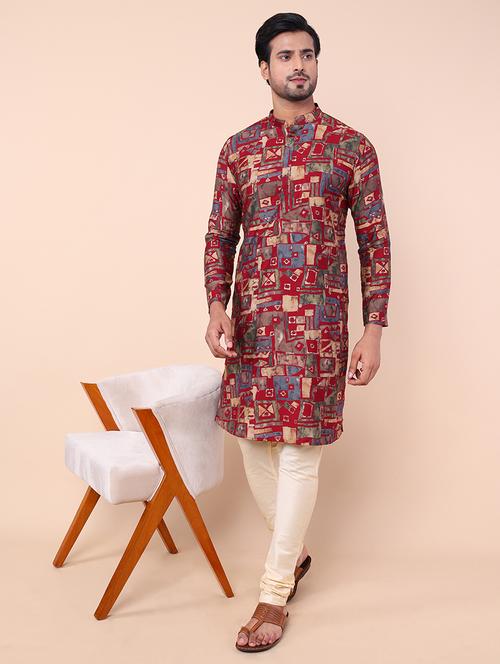 men mandarin neck printed kurta churidar set - 21728475 - Very Small Image - 1