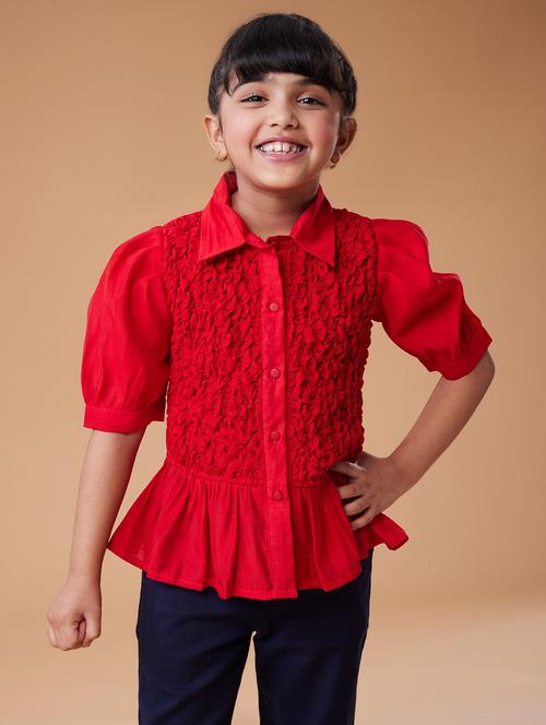 girls red solid puff sleeve shirt top - 21729213 - Very Small Image - 1