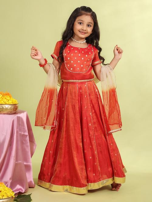 girls orange self design lehenga choli with dupatta - 21729406 - Very Small Image - 1