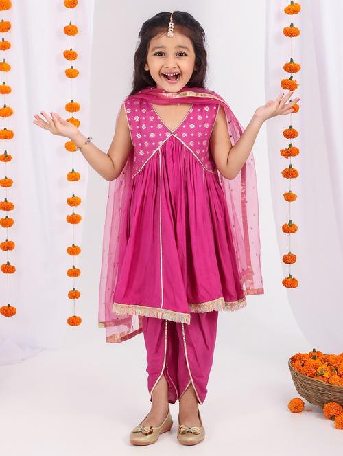 girls solid v neck dhoti kurta set with dupatta - 21729416 - Very Small Image - 1