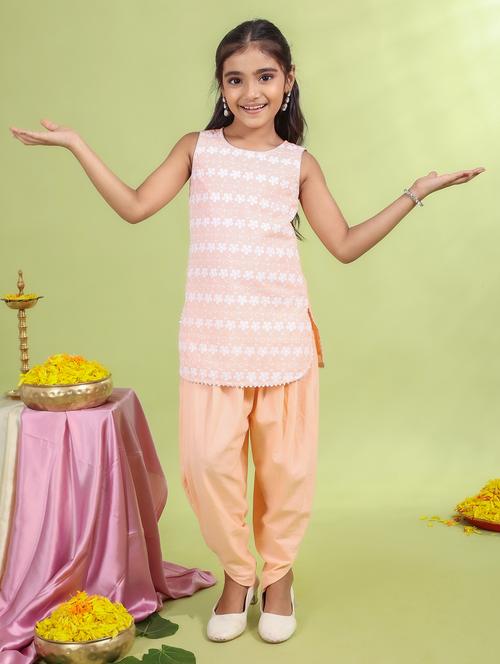 girls peach embroidered dhoti kurta set - 21729423 - Very Small Image - 1