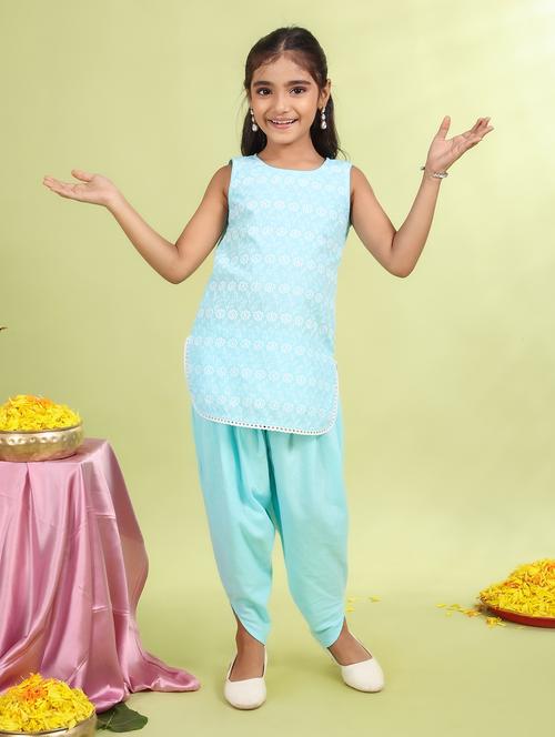 girls light blue printed round neck dhoti kurta set - 21729424 - Very Small Image - 1