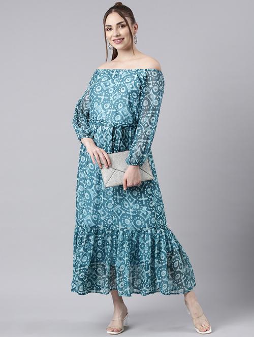 women blue printed off shoulder maxi tiered dress - 21729737 - Very Small Image - 1