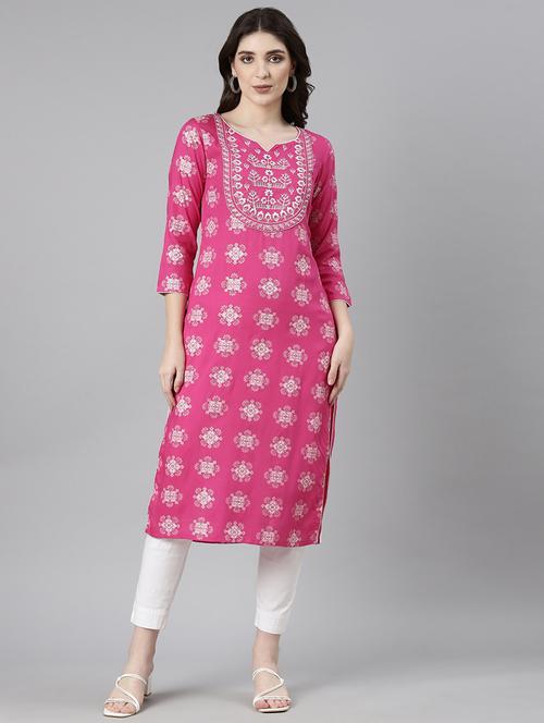 women pink three quarter sleeve straight kurta - 21729755 - Very Small Image - 1