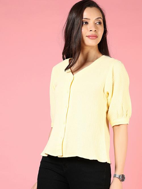 women yellow solid puff sleeve regular top - 21730396 - Very Small Image - 1