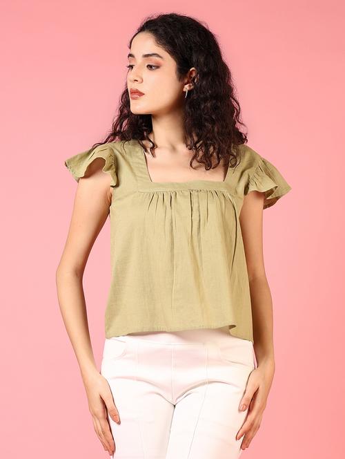 women olive solid square neck top - 21730428 - Very Small Image - 1