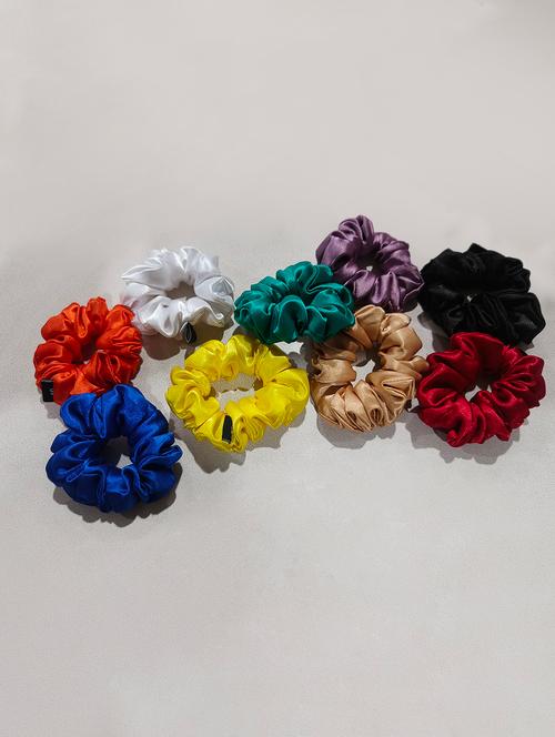 women pack of 9 solid multi colored satin scrunchies - 21730724 - Very Small Image - 1