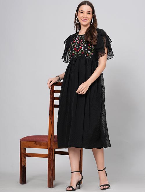 women embroidered ruflfled sleeves fit & flare dress - 21730869 - Very Small Image - 1