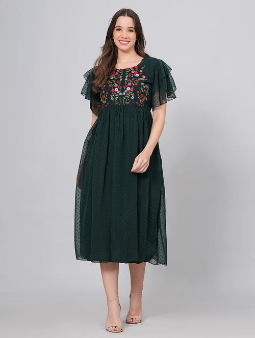 women embroidered ruflfled sleeves fit & flare dress - 21730870 - Very Small Image - 1