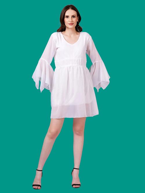 women solid flute sleeves a-line dress - 21730897 - Very Small Image - 1