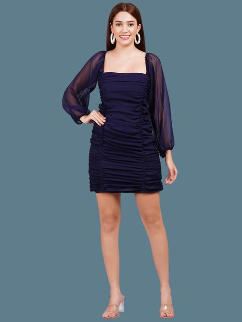 women solid puff sleeves ruched bodycon dress - 21730898 - Very Small Image - 1