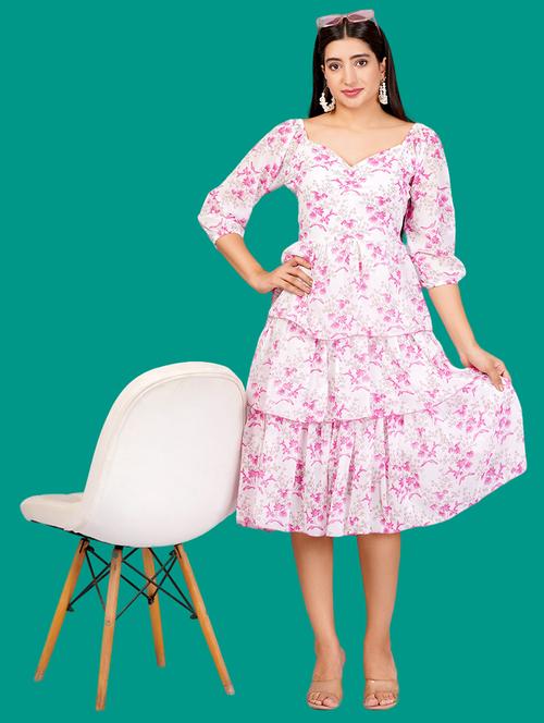 women printed puff sleeves layered dress - 21730906 - Very Small Image - 1