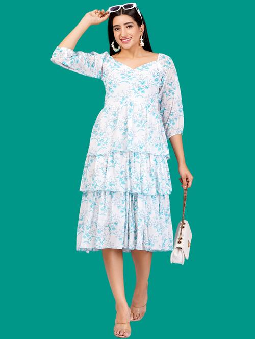 women printed puff sleeves layered dress - 21730907 - Very Small Image - 1