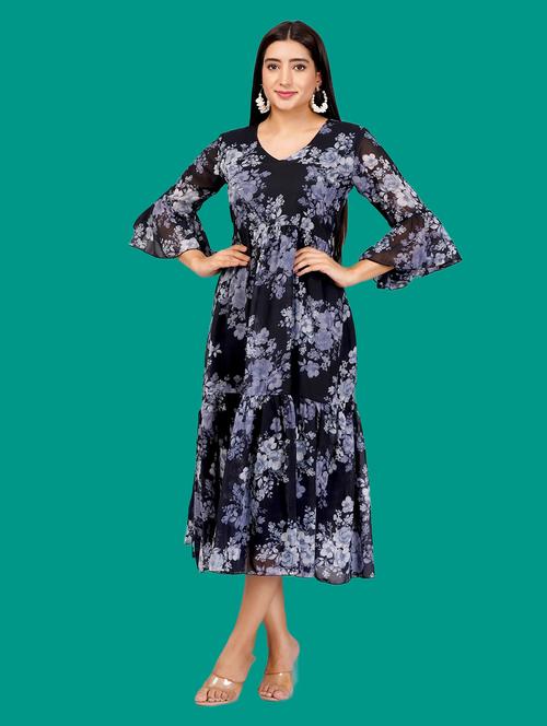women printed flute sleeves tiered dress - 21730912 - Very Small Image - 1