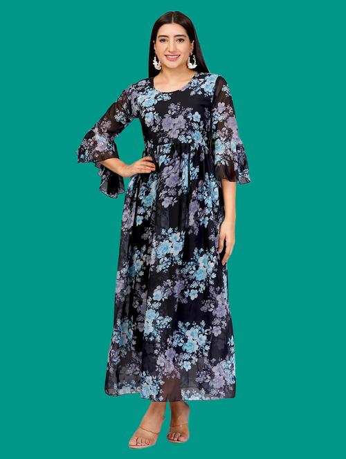 women printed flute sleeves fit & flare dress - 21730914 - Very Small Image - 1