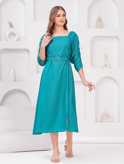 women solid puff sleeves a-line dress - 21730973 - Very Small Image - 1