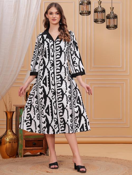 women printed lapel collar a-line dress - 21730977 - Very Small Image - 1