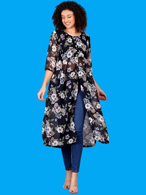 women floral printed round neck front slit kurta - 21731005 - Very Small Image - 1