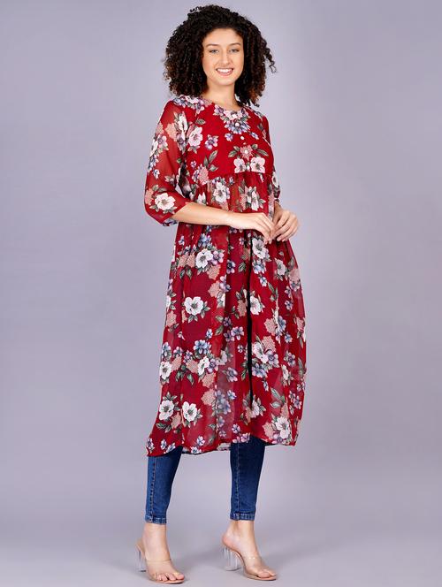 women floral printed round neck front slit kurta - 21731007 - Very Small Image - 1