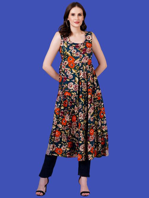 women floral printed round neck front slit kurta - 21731027 - Very Small Image - 1