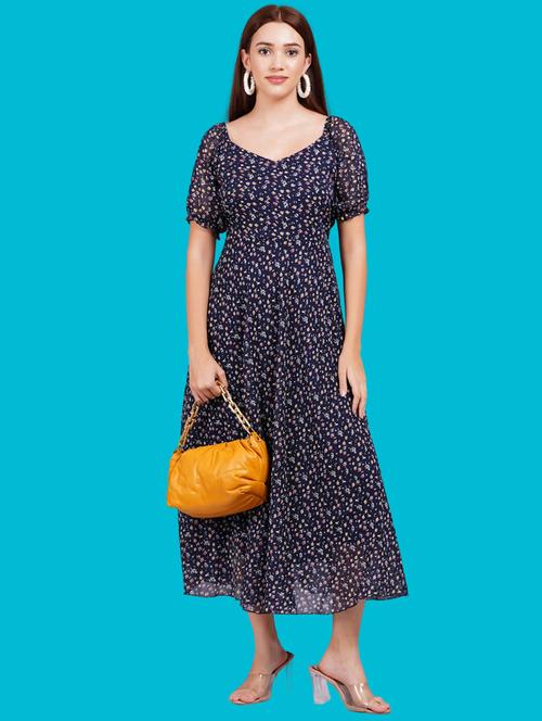 women printed puff sleeves fit & flare dress - 21731042 - Very Small Image - 1