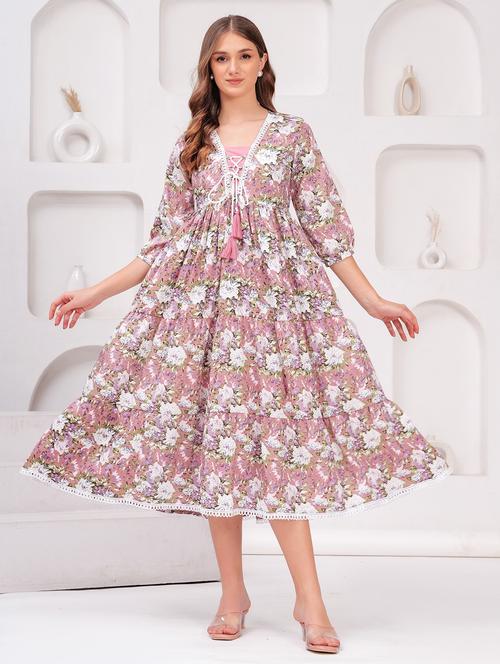 women pink floral printed tiered ethnic dress - 21731093 - Very Small Image - 1