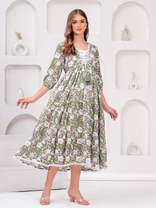 women green floral printed tiered ethnic dress - 21731094 - Very Small Image - 1